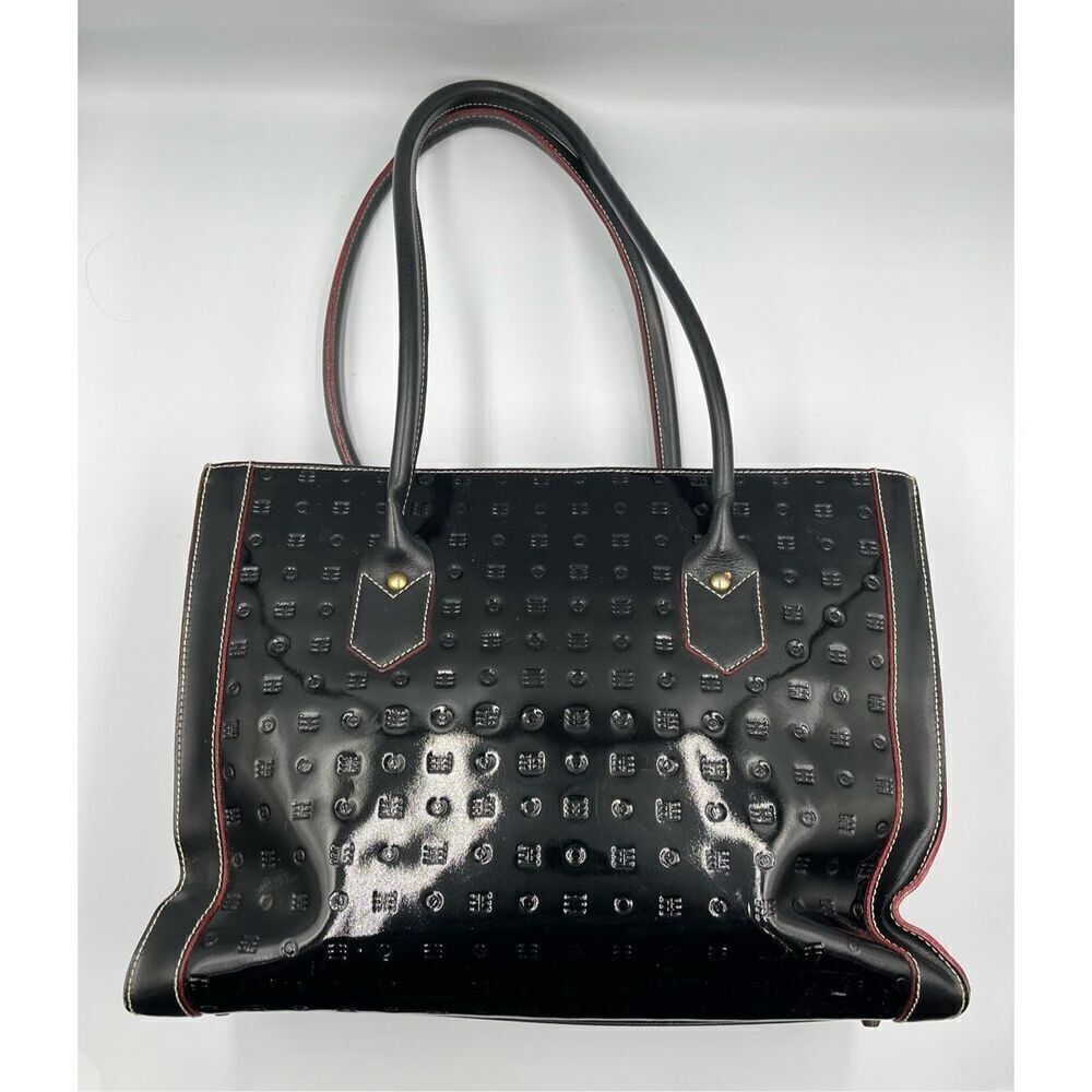 Arcadia Italian Genuine Black Patent Leather Double Handle Rectangle Bag EUC